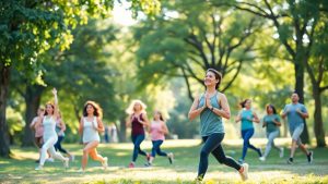 People doing yoga and jogging in a sunny green park.