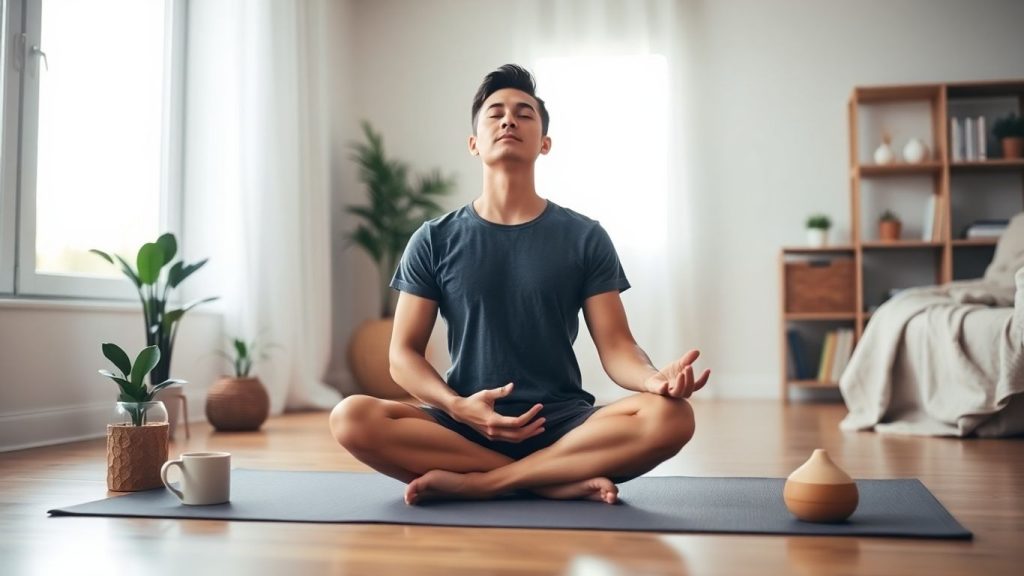 Person meditating on yoga mat in sunlit minimalist living room.