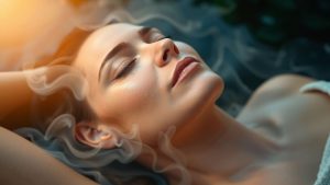 Woman in peaceful repose, surrounded by soft light and nature.